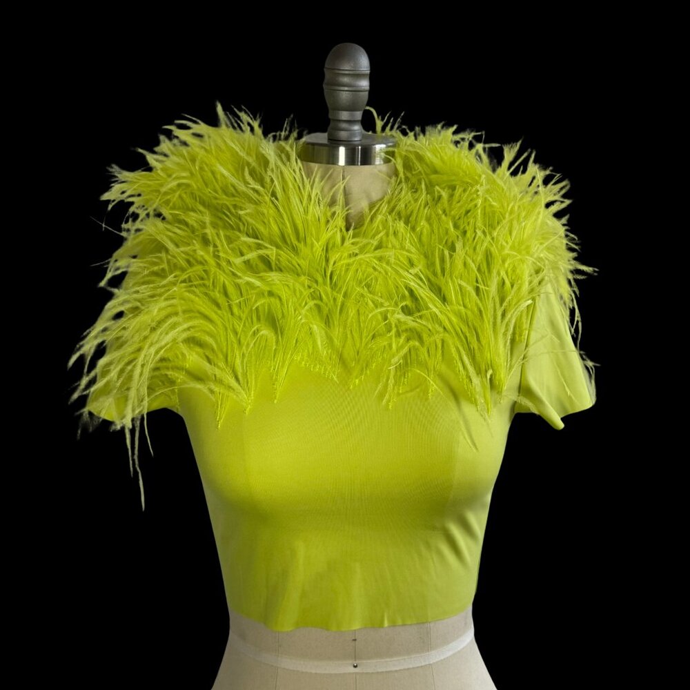 Sally LaPointe Lime Green Mock Neck Crop Spandex Baby Tee w Ostrich Feather XS/S